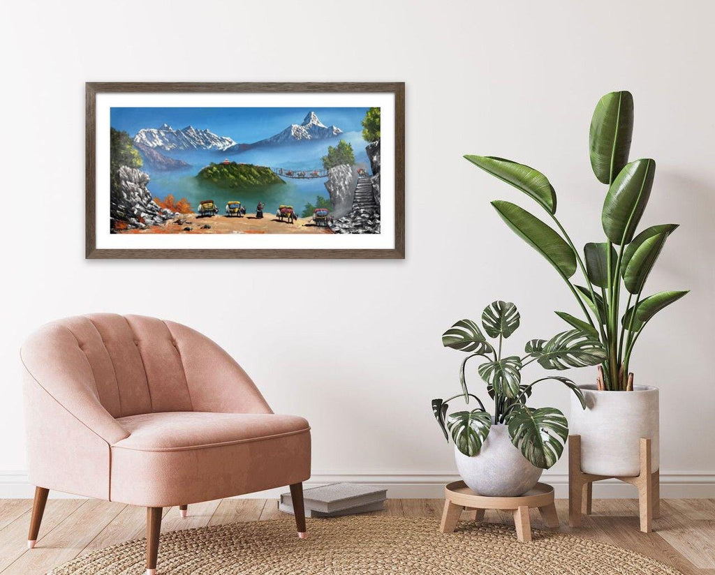 Himalayan Mountain Landscape Painting: Yak Caravan, Temple Art