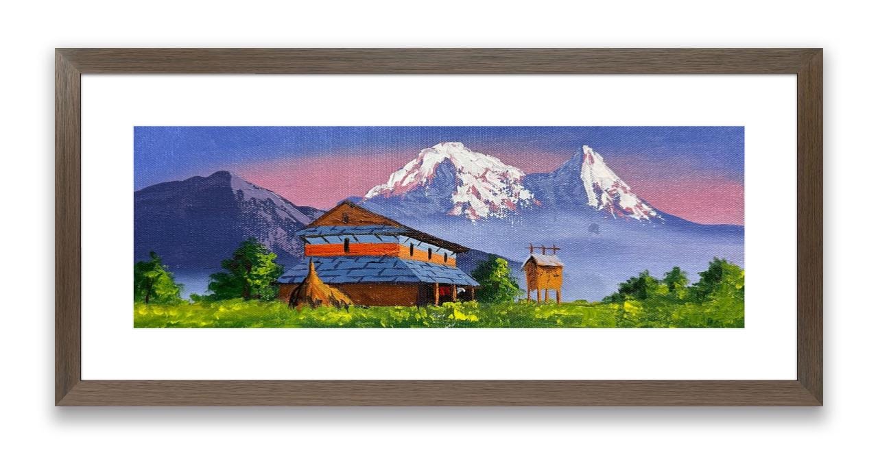 Annapurna Morning – Rustic Village House and Himalayan View Painting