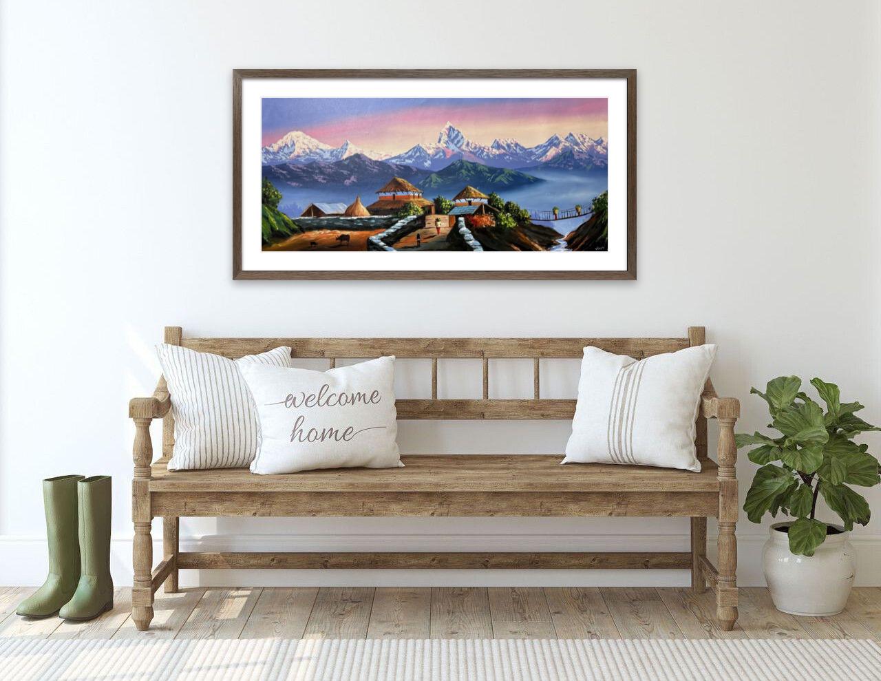 Mountain Village Sunrise with Suspension Bridge – Panoramic