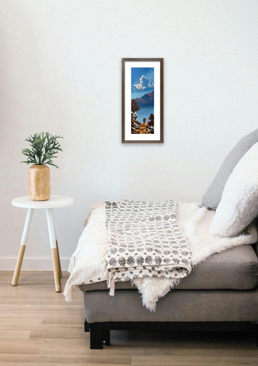 Vertical Machhapuchhre Path – Acrylic Canvas Painting with Rhododendrons & Villager