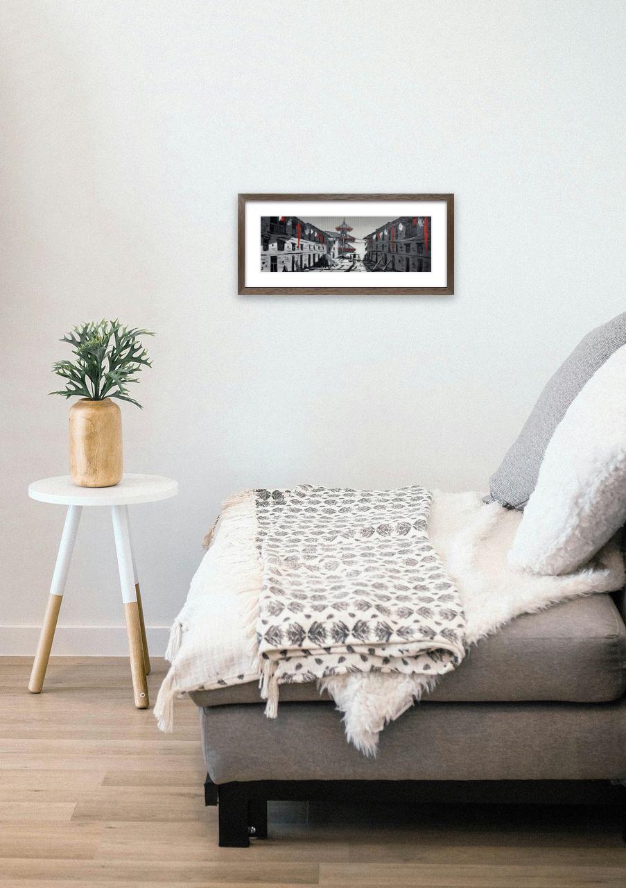 Monochrome Newar Alley – Red Accents and Pagoda Temple Painting