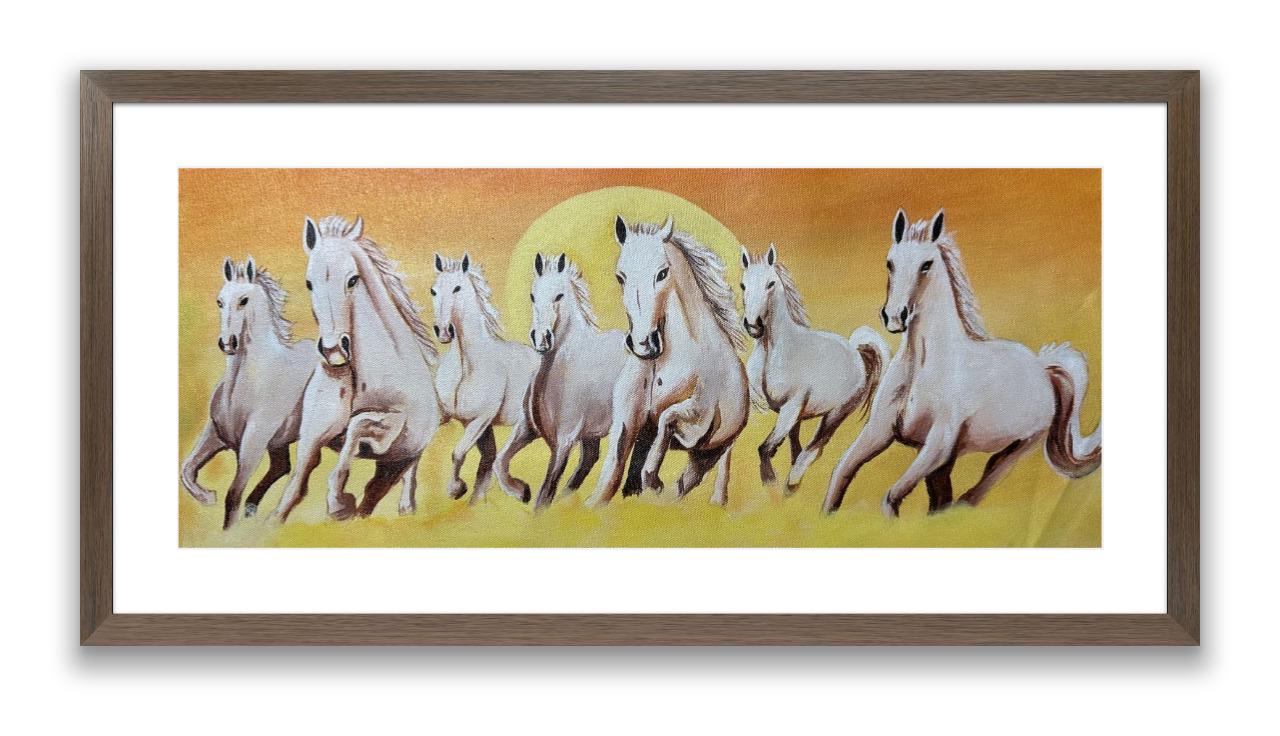 Seven White Horses Canvas Wall Art – Handmade Sunrise Painting for Living Room & Office Decor