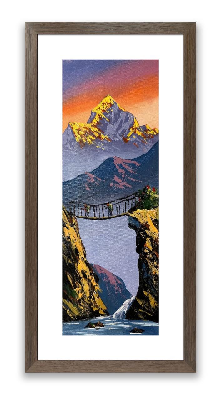 Vertical Himalayan Bridge – Acrylic Canvas Painting of Golden Peaks & Waterfall
