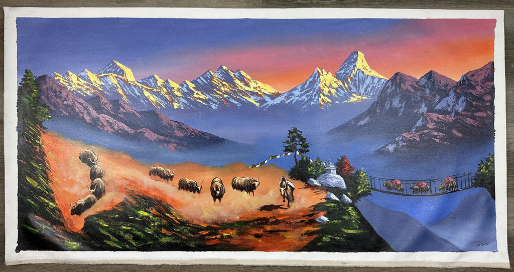 Himalayan Sunset Panorama – Ama Dablam & Yaks, Original Acrylic on Canvas