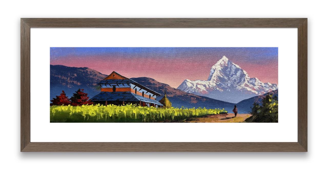 Mountain Village Morning – Himalayan Field and Fishtail Acrylic Canvas Painting