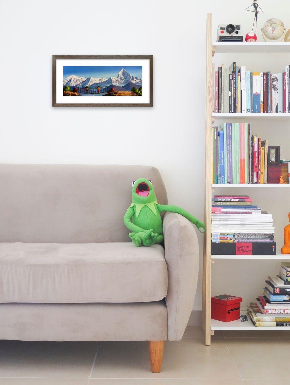 Himalayan Porters on Suspension Bridge – Acrylic Canvas Painting with Machhapuchhre