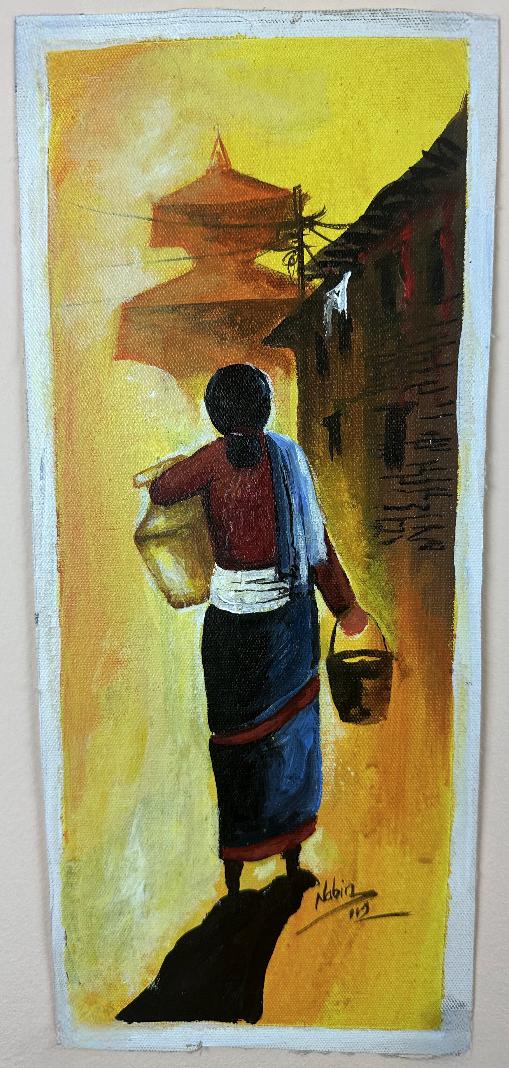 Traditional Nepali Hand-Painted Canvas | Village Woman Artwork | Cultural Wall Art Home Décor