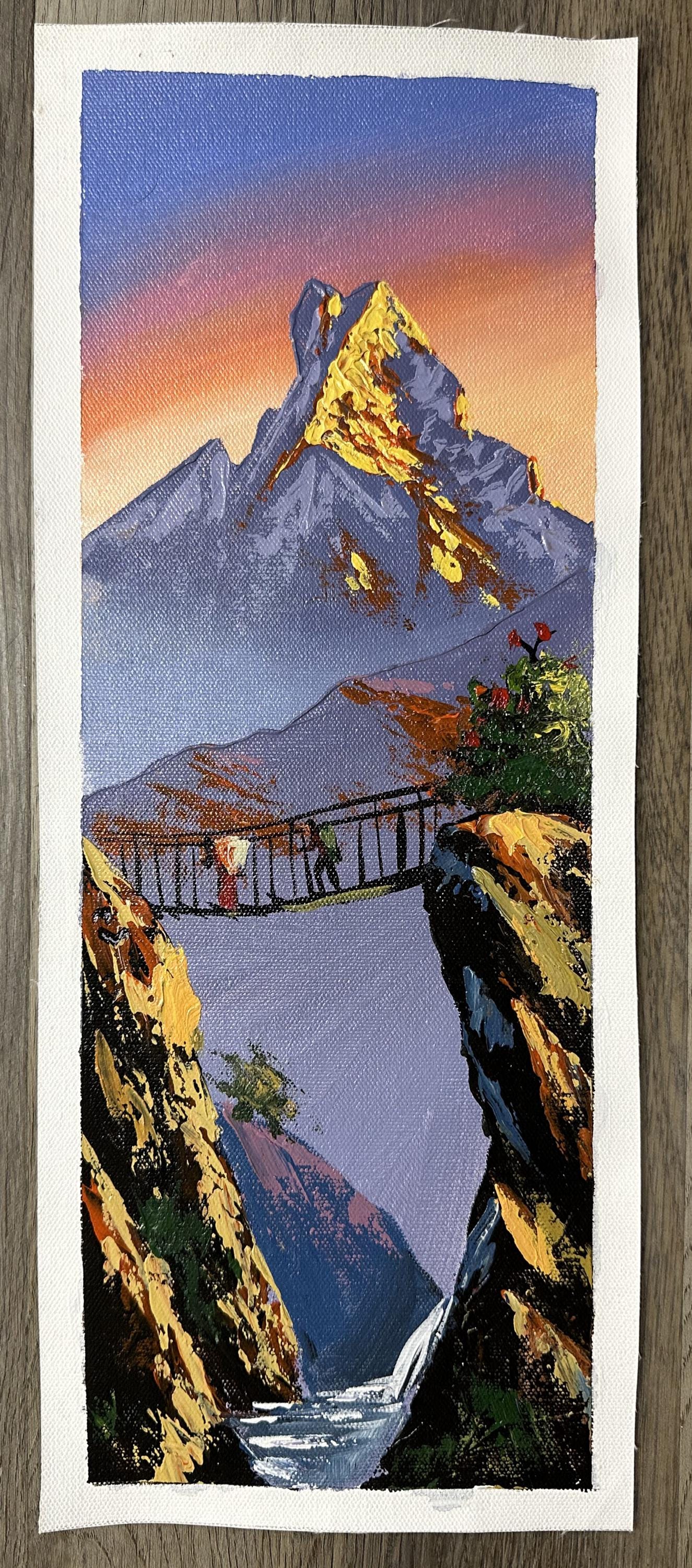 Golden Sunrise Over Fishtail – Vertical Himalayan Bridge Acrylic Canvas Painting