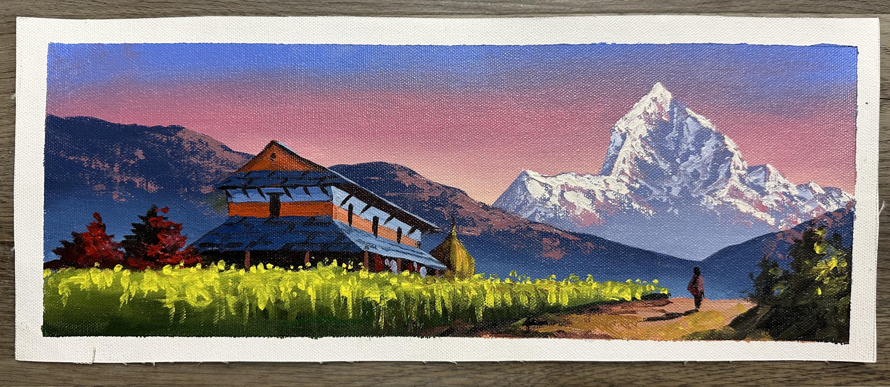 Mountain Village Morning – Himalayan Field and Fishtail Acrylic Canvas Painting