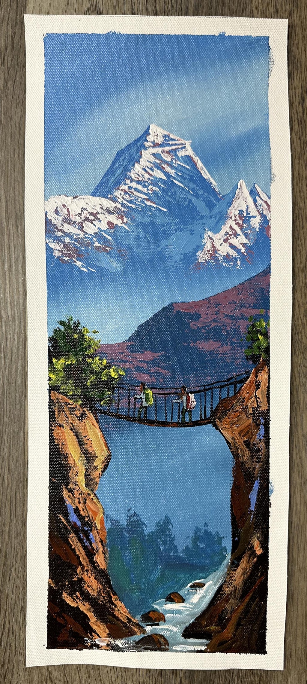 Suspension Bridge Trek – Mountain Landscape Painting