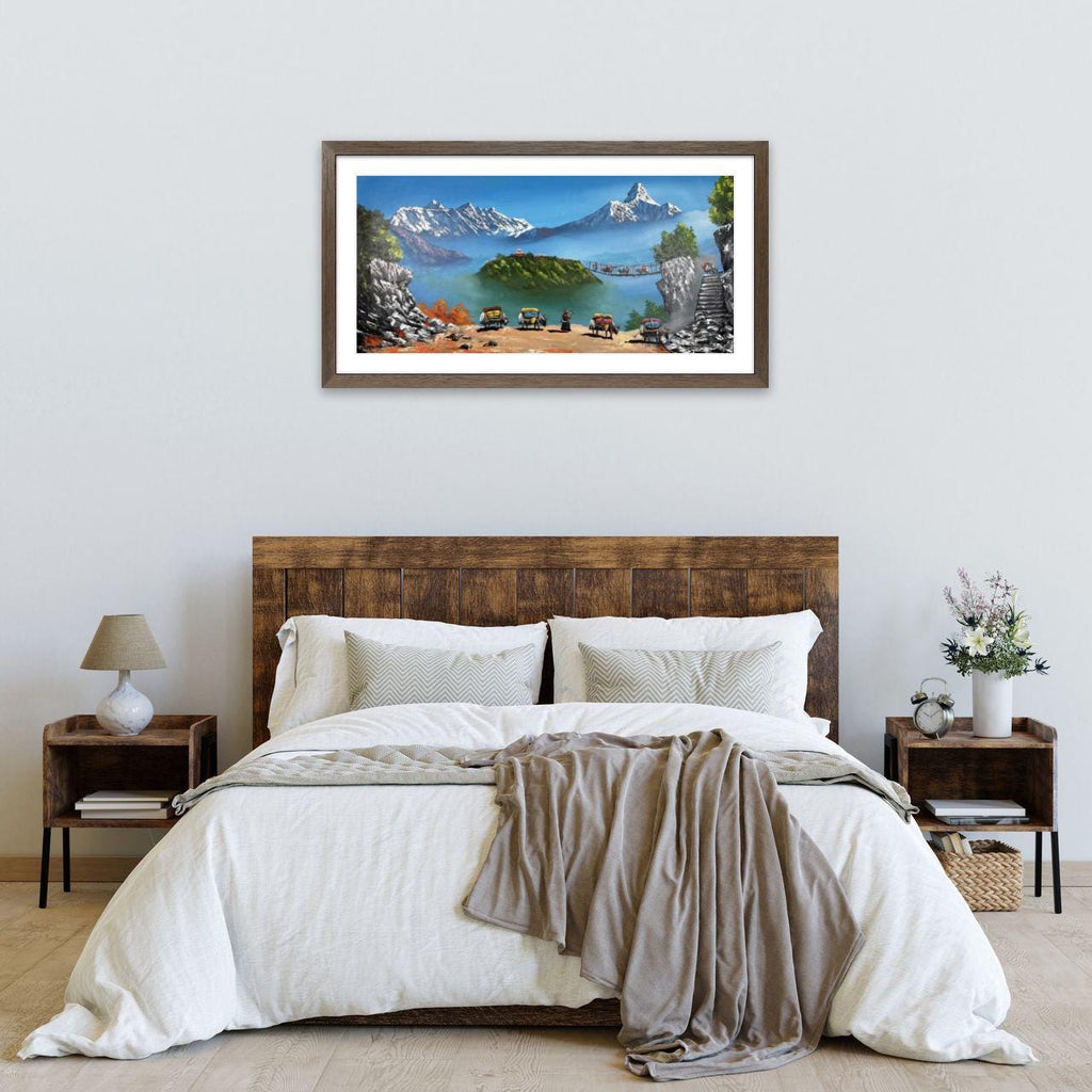 Himalayan Mountain Landscape Painting: Yak Caravan, Temple Art