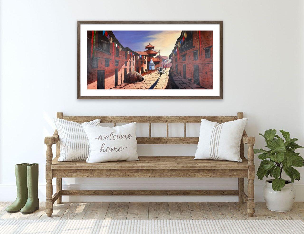 Kathmandu Heritage Street – Acrylic Canvas Painting of Newar Architecture & Pagoda Temple