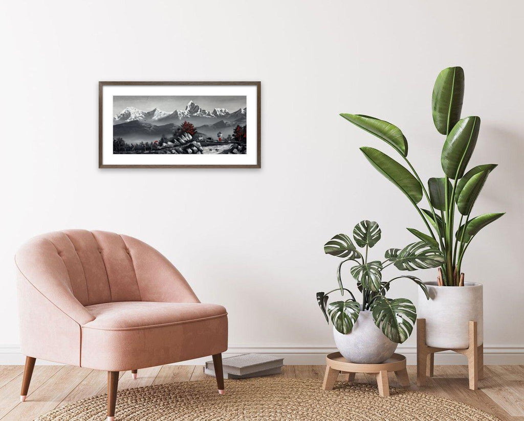 Monochrome Himalayan Village Path – Trekkers, Rhododendrons & Goats