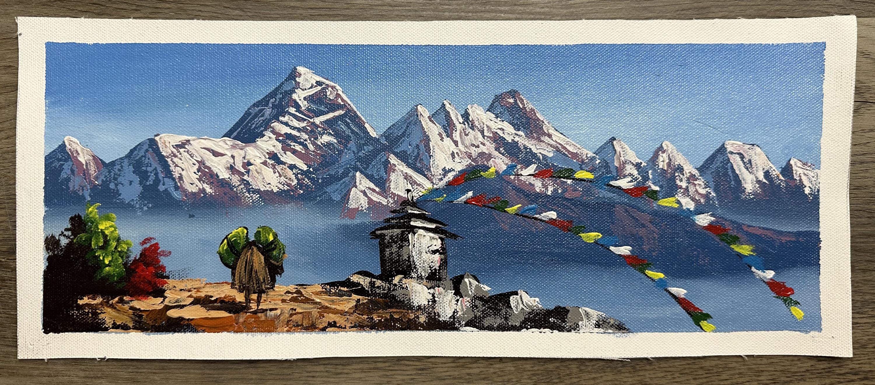 Mountain Stupa with Prayer Flags – Himalayan Landscape Painting