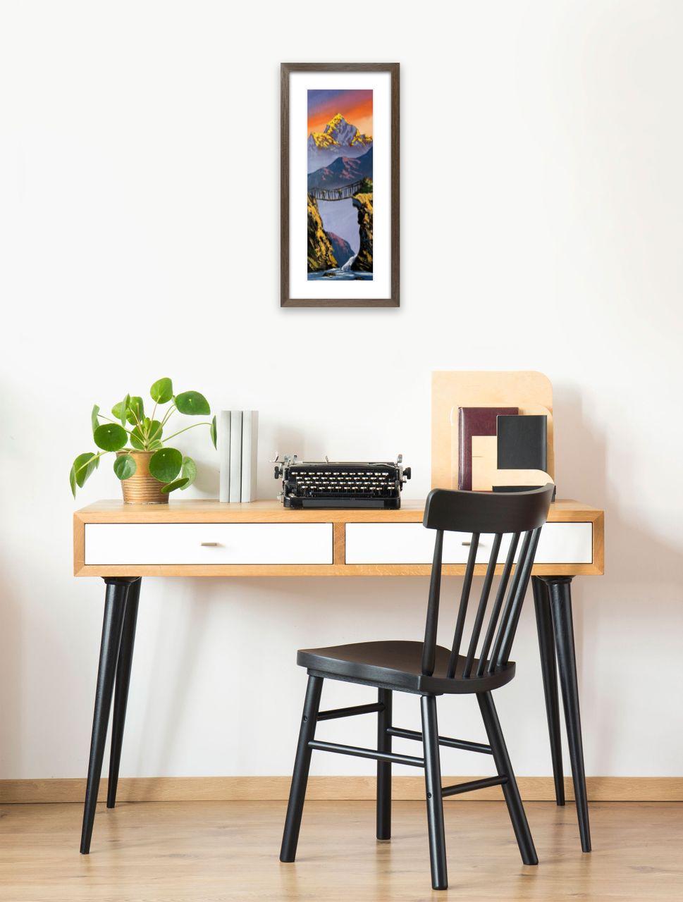 Vertical Himalayan Bridge – Acrylic Canvas Painting of Golden Peaks & Waterfall