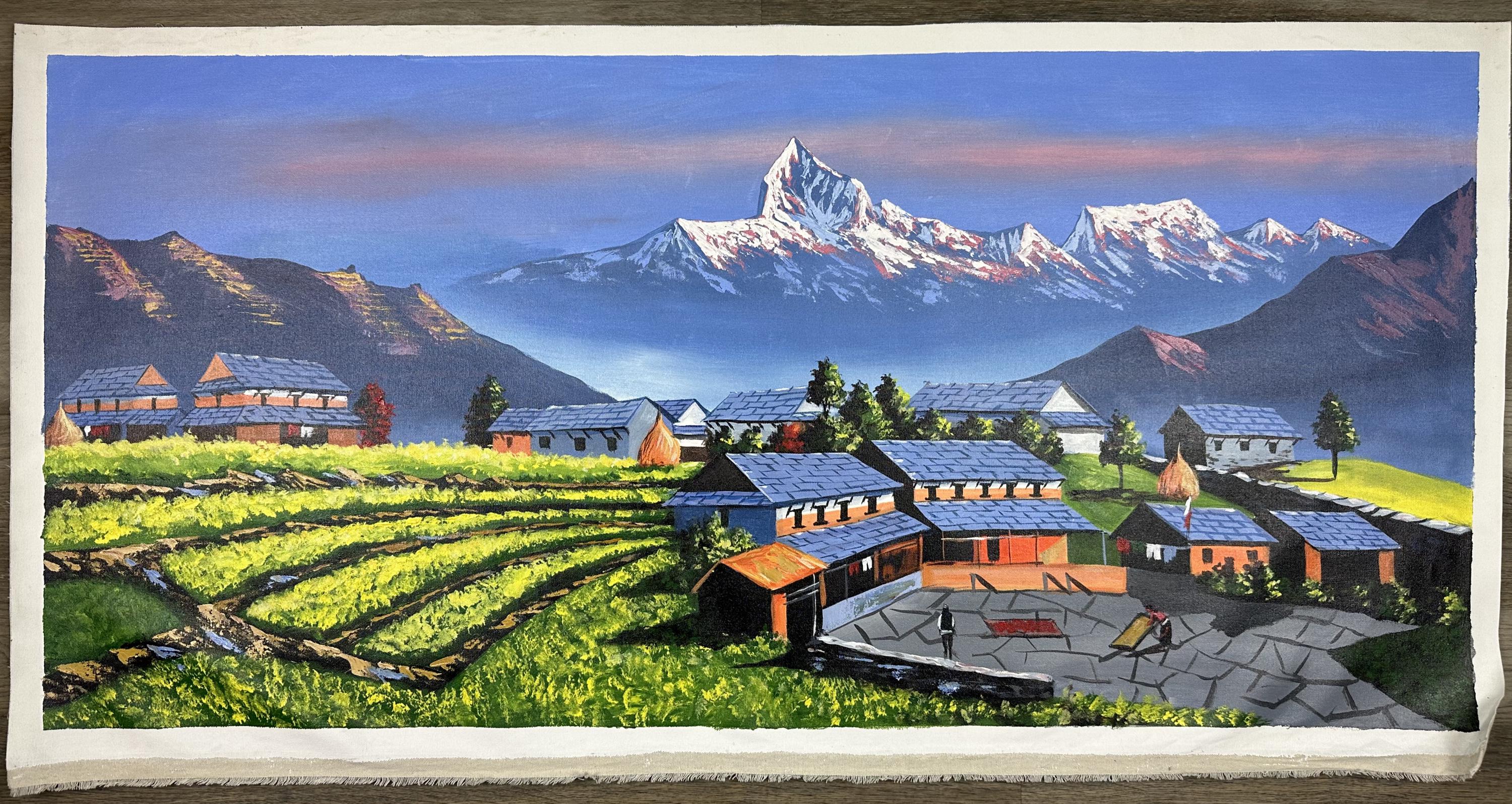 Himalayan Village Landscape – Acrylic Canvas Painting of Machhapuchhre & Terraced Fields