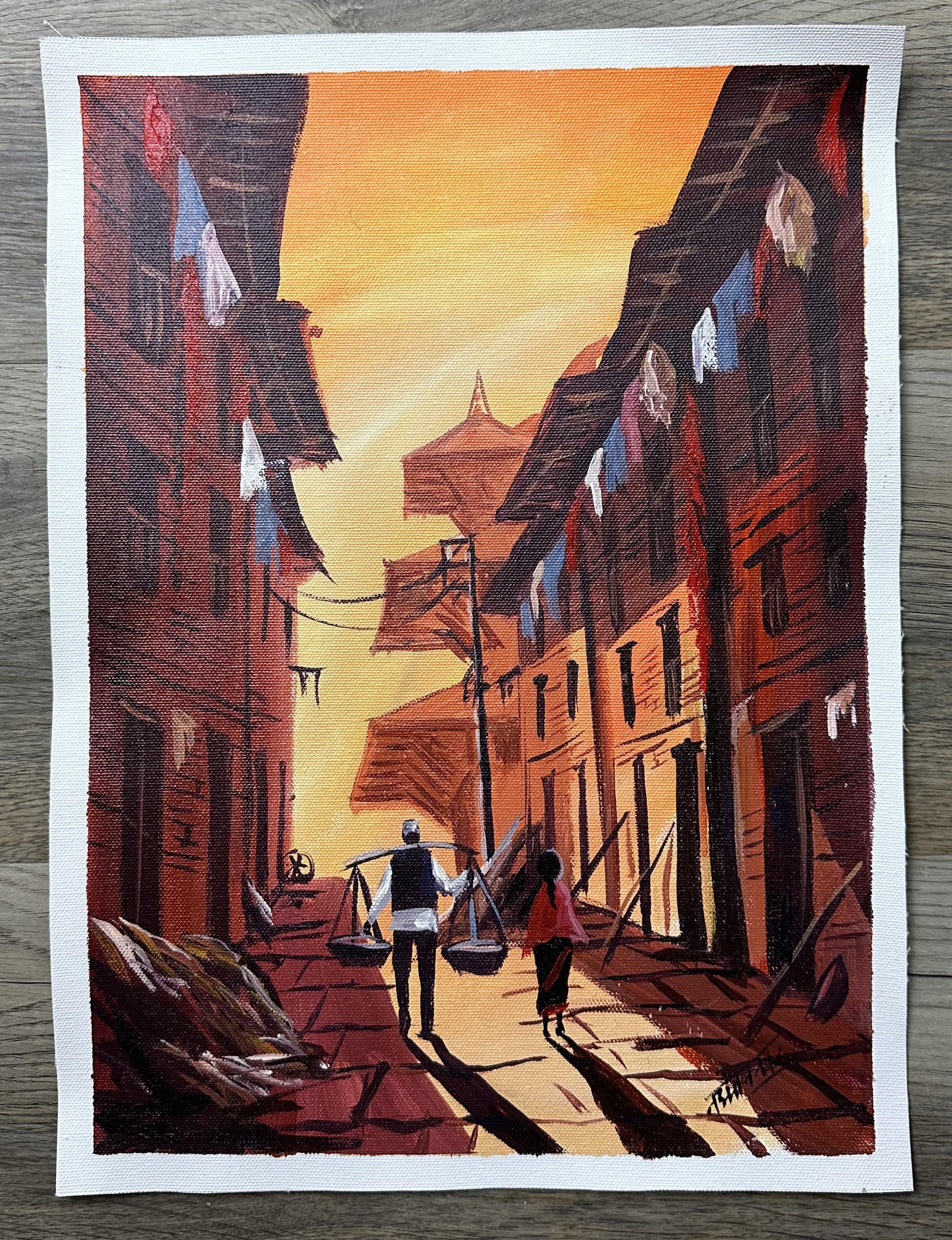 Sunset in Bhaktapur – Traditional Nepal Street Scene Painting