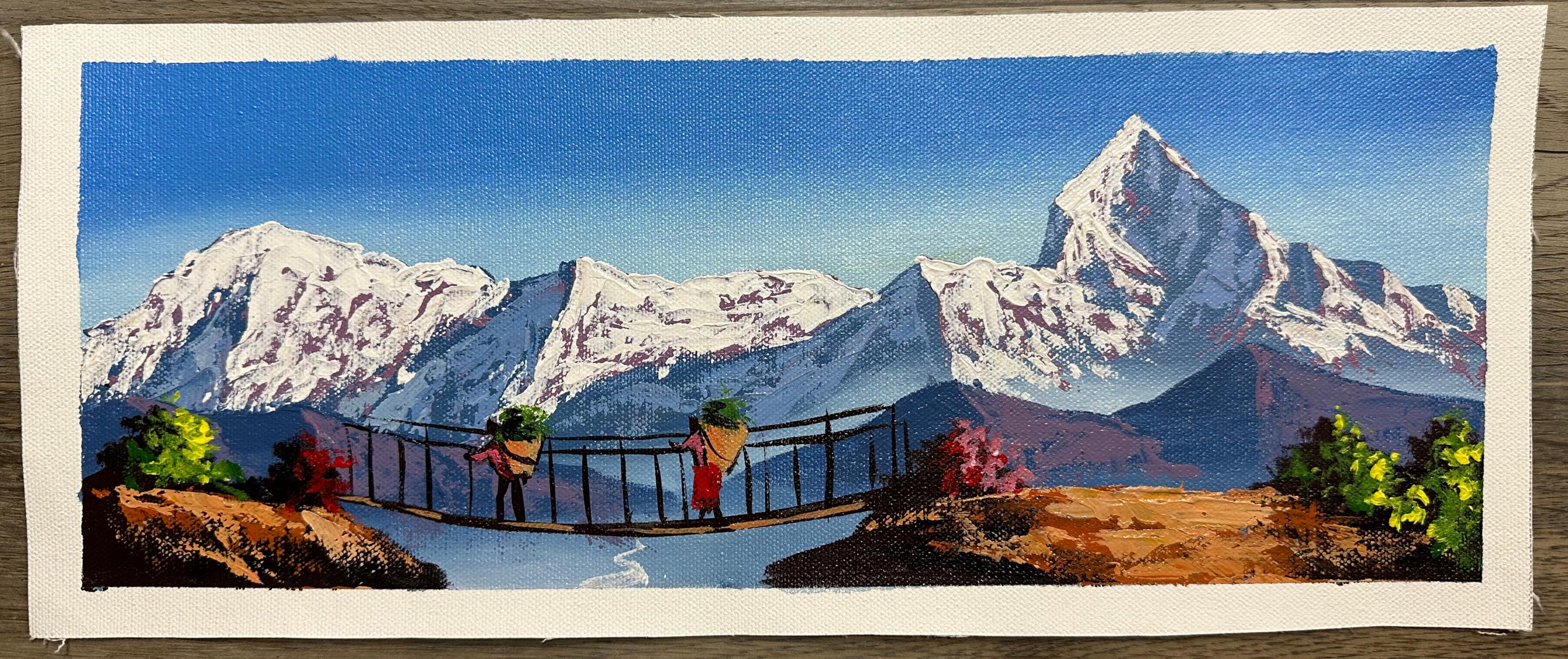 Himalayan Porters on Suspension Bridge – Acrylic Canvas Painting with Machhapuchhre