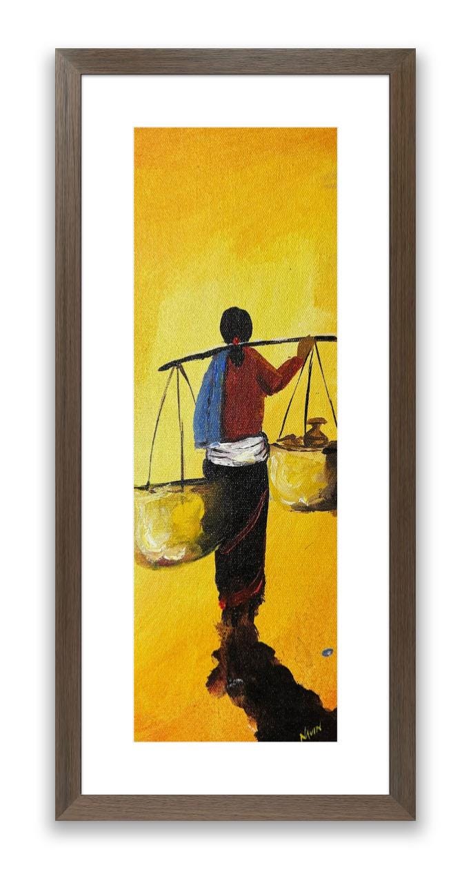 Village Life Silhouette – Acrylic Canvas Painting with Yellow Background