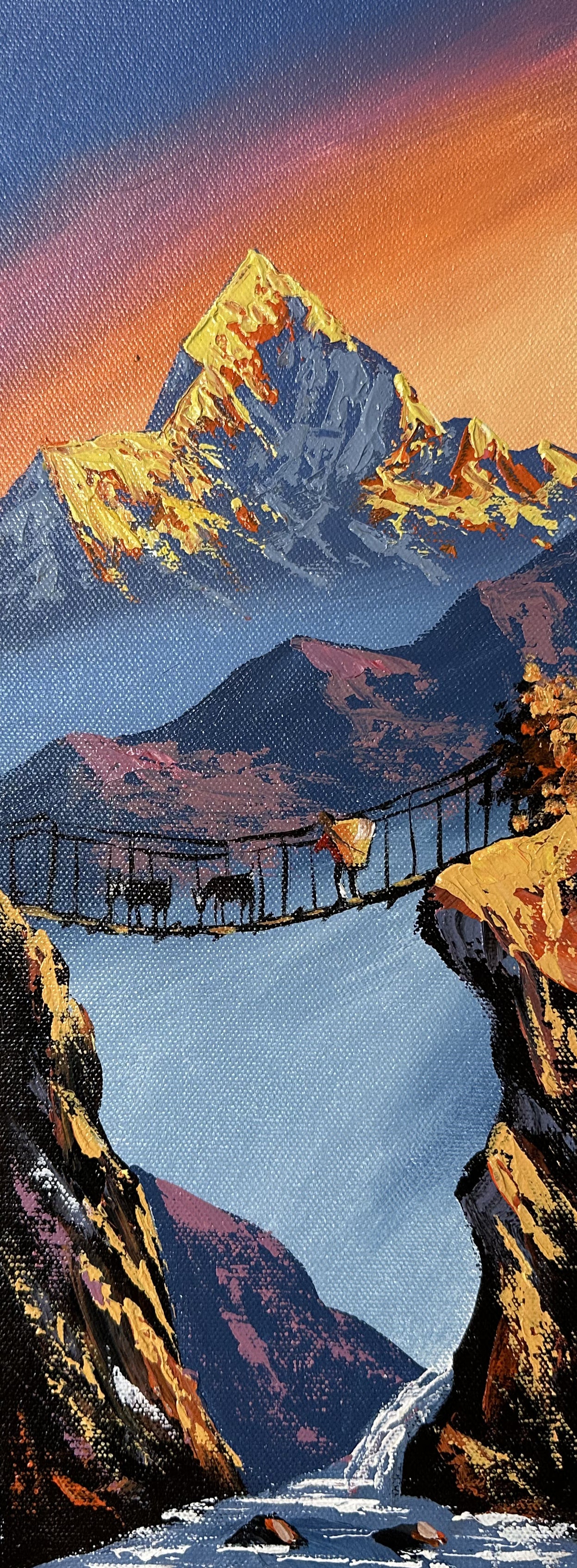 Golden Himalayan Peaks – Suspension Bridge and Waterfall Painting