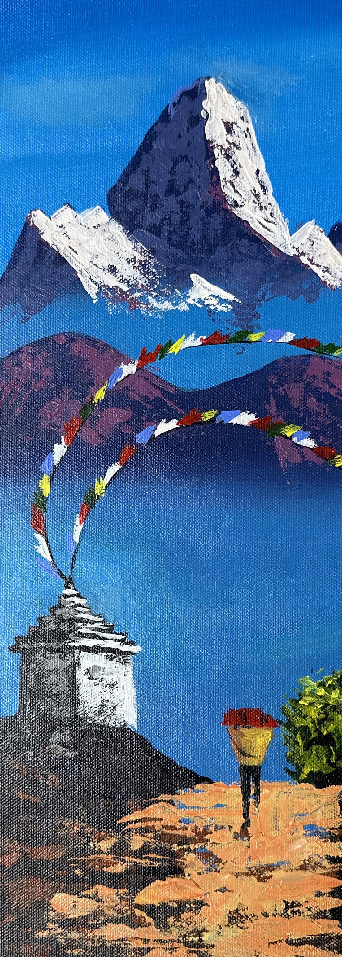 Ama Dablam Sunrise – Prayer Flags and Lone Traveler Himalayan Painting