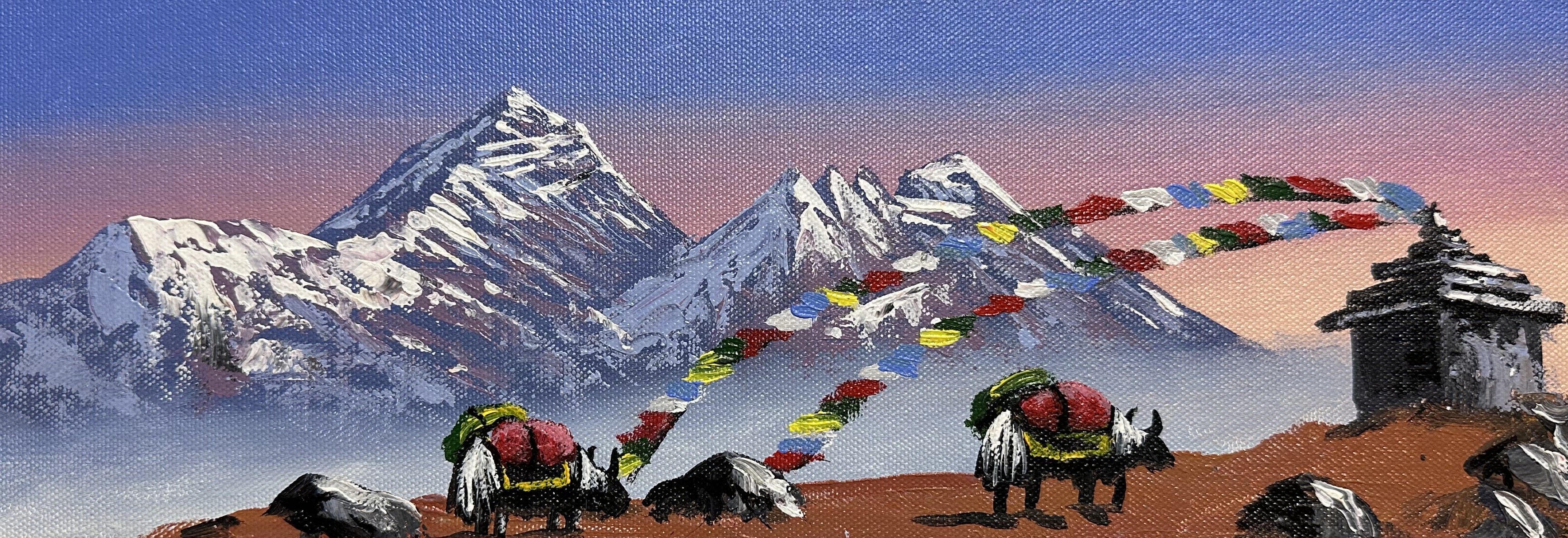 Yak Caravan with Prayer Flags – Himalayan Mountain Sunset Painting
