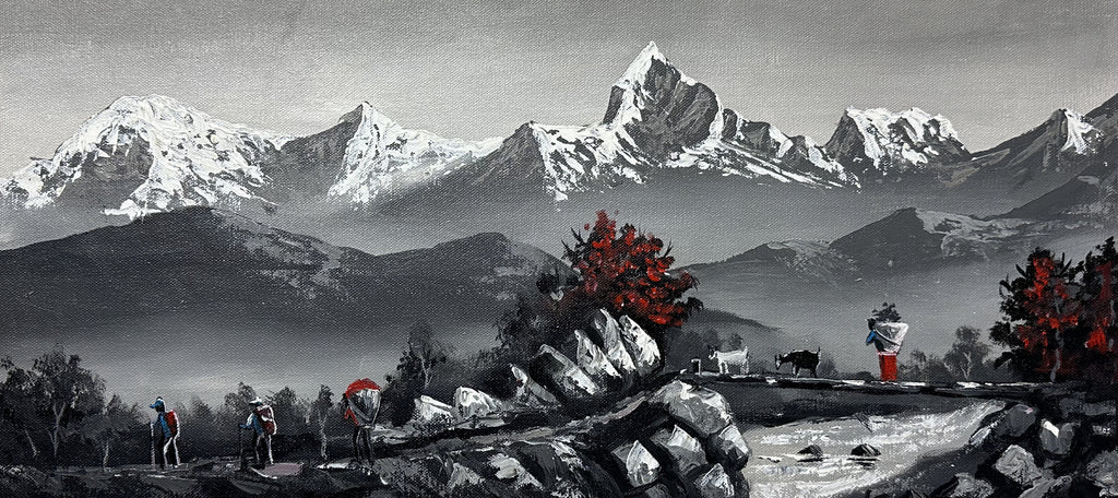 Monochrome Himalayan Village Path – Trekkers, Rhododendrons & Goats