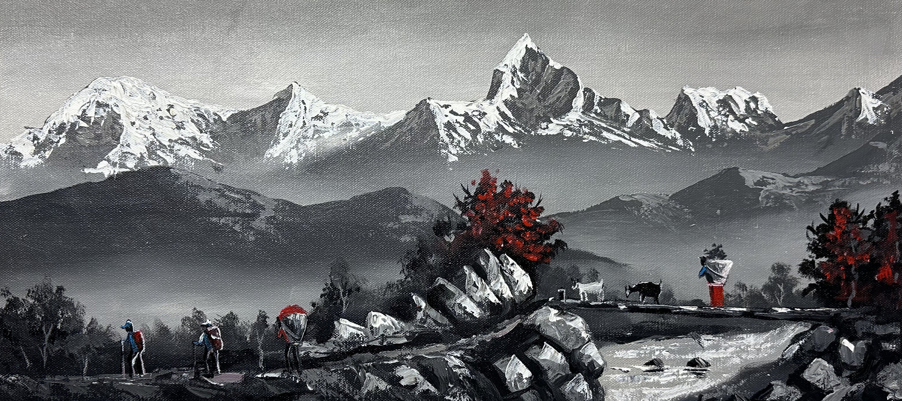 Monochrome Himalayan Village Path – Trekkers, Rhododendrons & Goats