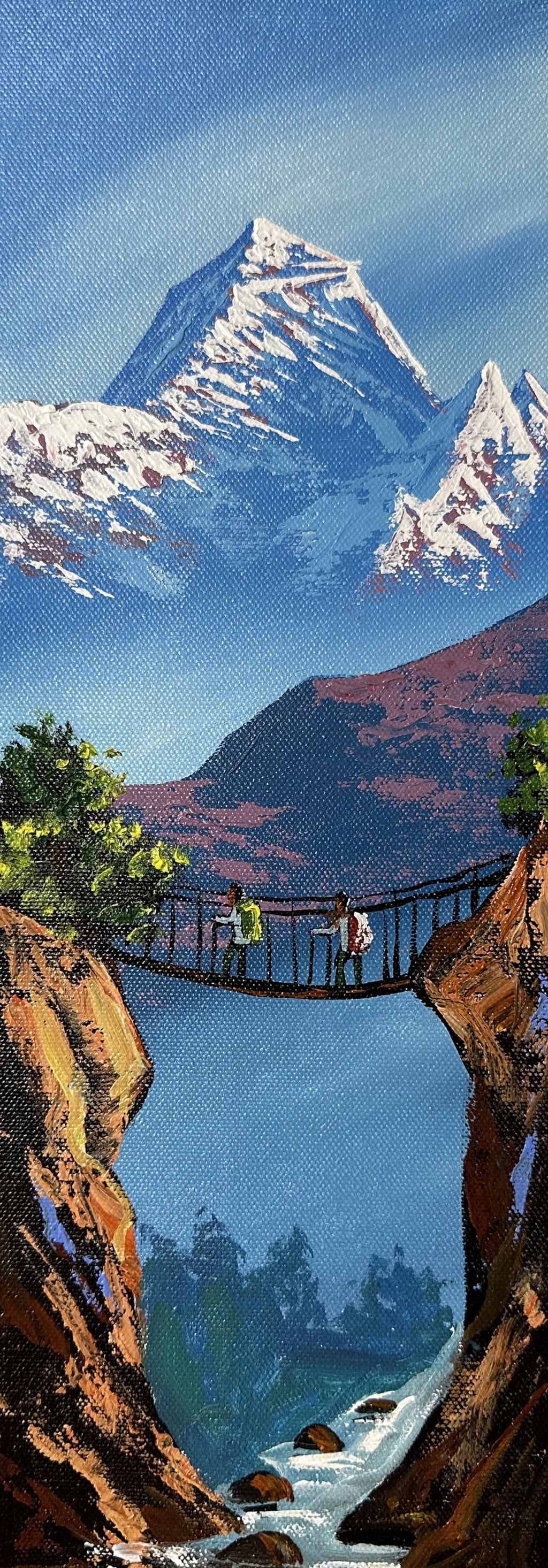 Suspension Bridge Trek – Mountain Landscape Painting