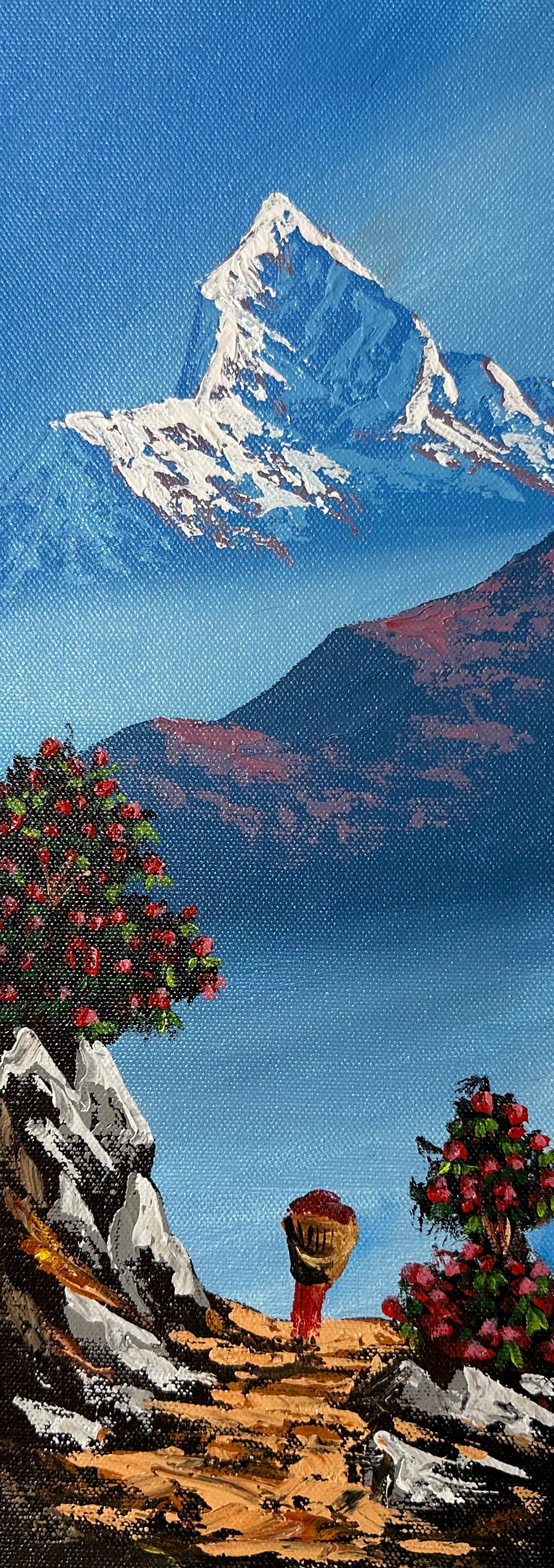 Vertical Machhapuchhre Path – Acrylic Canvas Painting with Rhododendrons & Villager