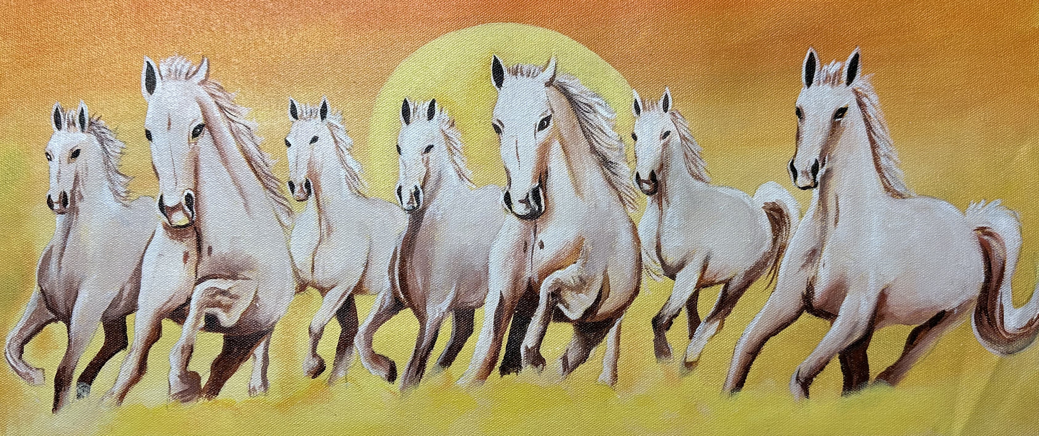 Seven White Horses Canvas Wall Art – Handmade Sunrise Painting for Living Room & Office Decor