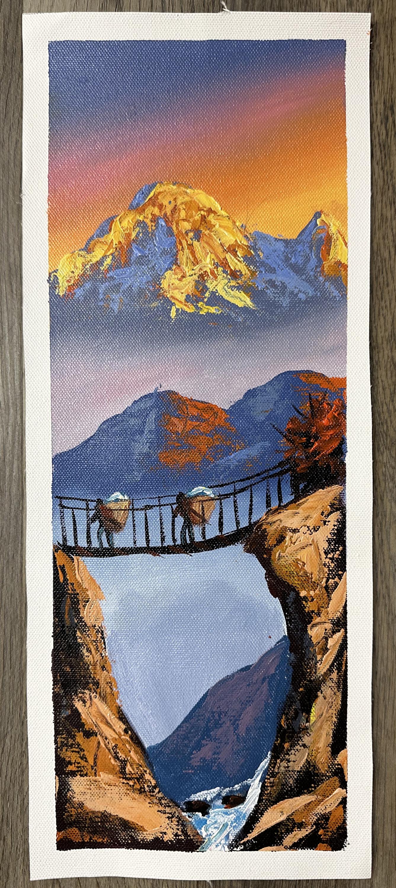 Golden Dawn on Suspension Bridge – Himalayan Landscape Painting