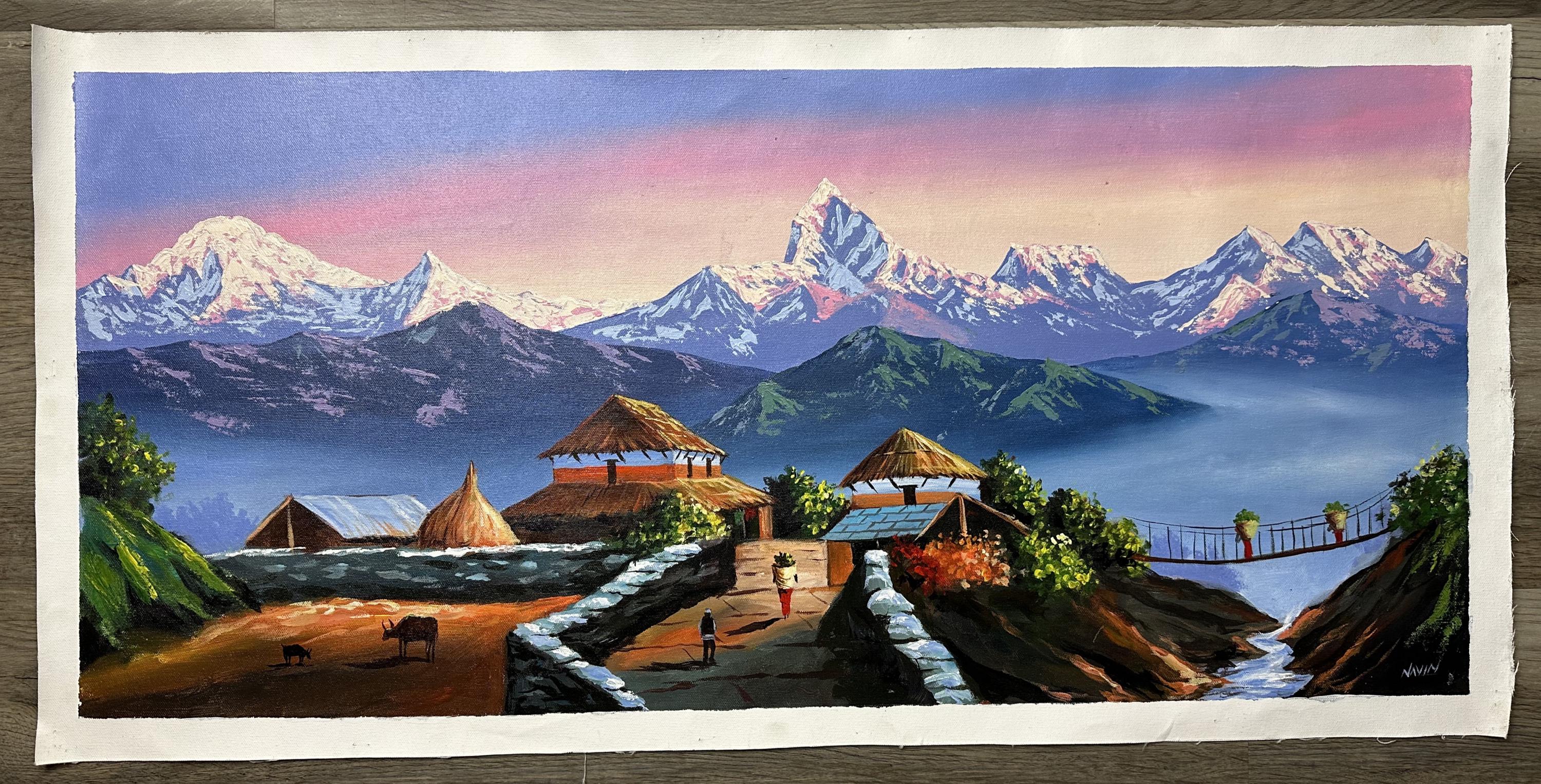Mountain Village Sunrise with Suspension Bridge – Panoramic