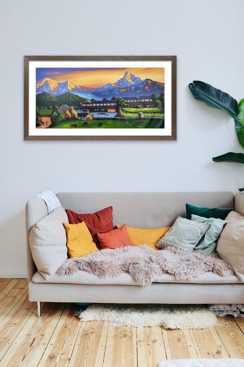 Himalayan Village Sunset – Acrylic Canvas Painting of Machhapuchhre & Nepali Countryside