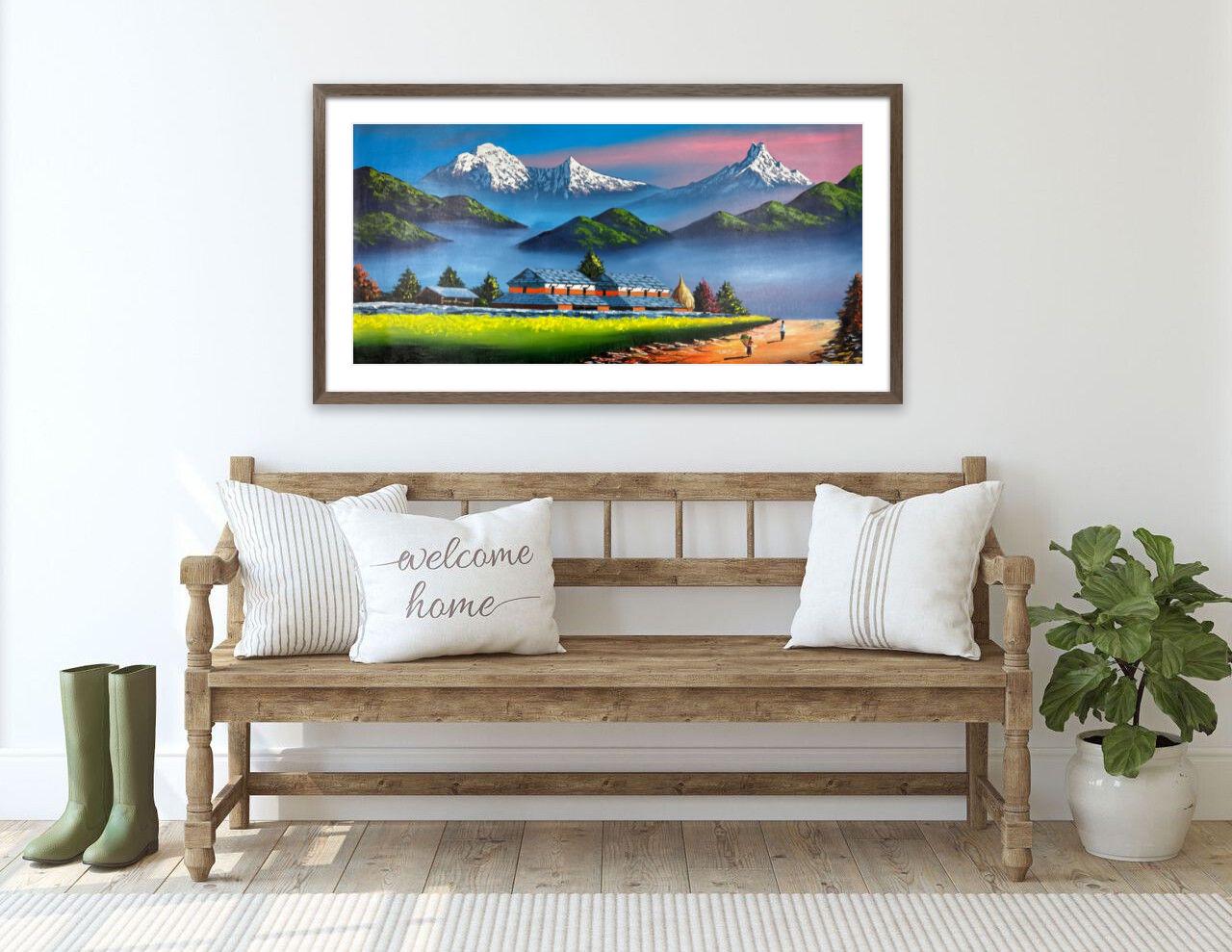Himalayan Countryside – Acrylic Canvas Painting of Machhapuchhre & Village Path