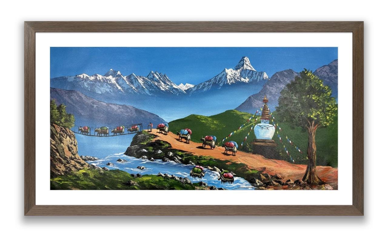 Himalayan Yak Caravan – Acrylic Canvas Painting of Machhapuchhre, Suspension Bridge & Stupa