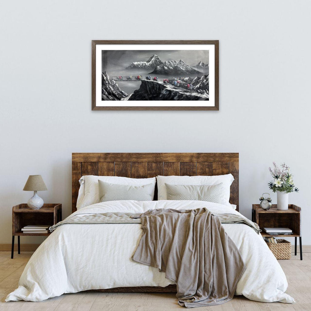 Everest Himalayan Painting: Yak Caravan, Monochrome Mountain Landscape, Acrylic on Canvas (24x47 in)