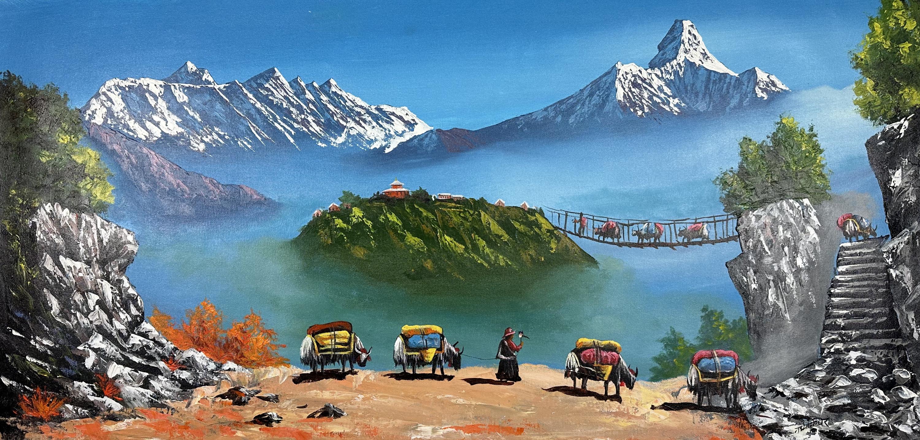 Himalayan Mountain Landscape Painting: Yak Caravan, Temple Art