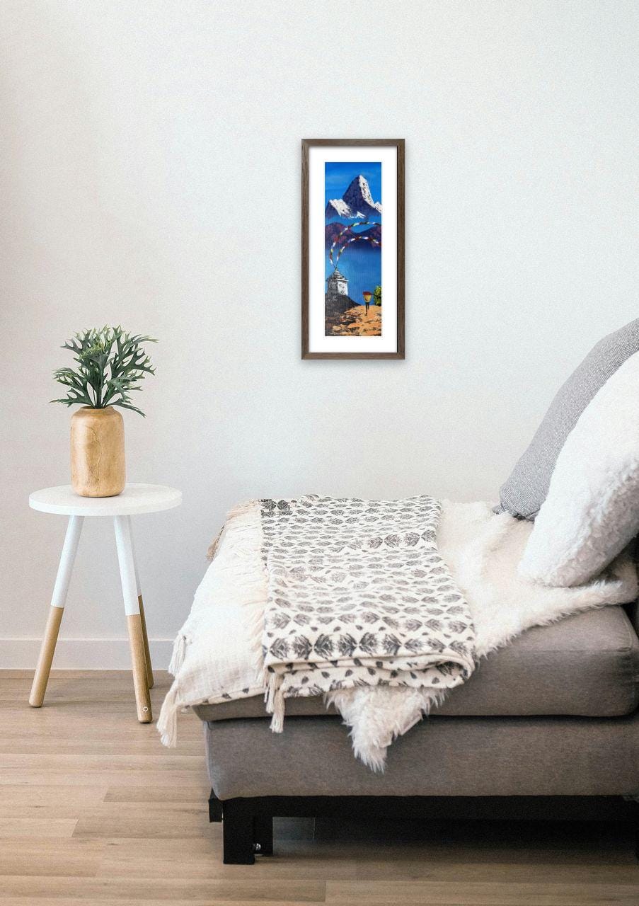 Ama Dablam Sunrise – Prayer Flags and Lone Traveler Himalayan Painting