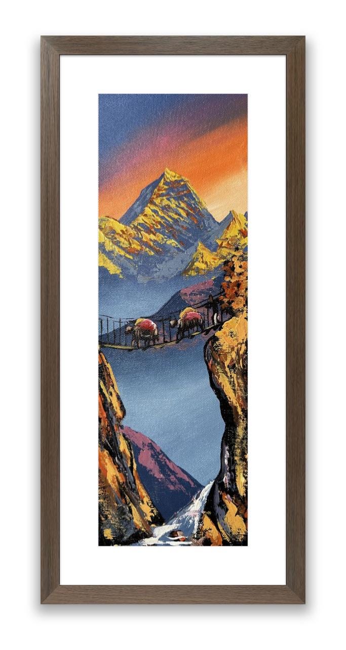 Golden Sunrise over Suspension Bridge – Himalayan Yak Caravan Painting