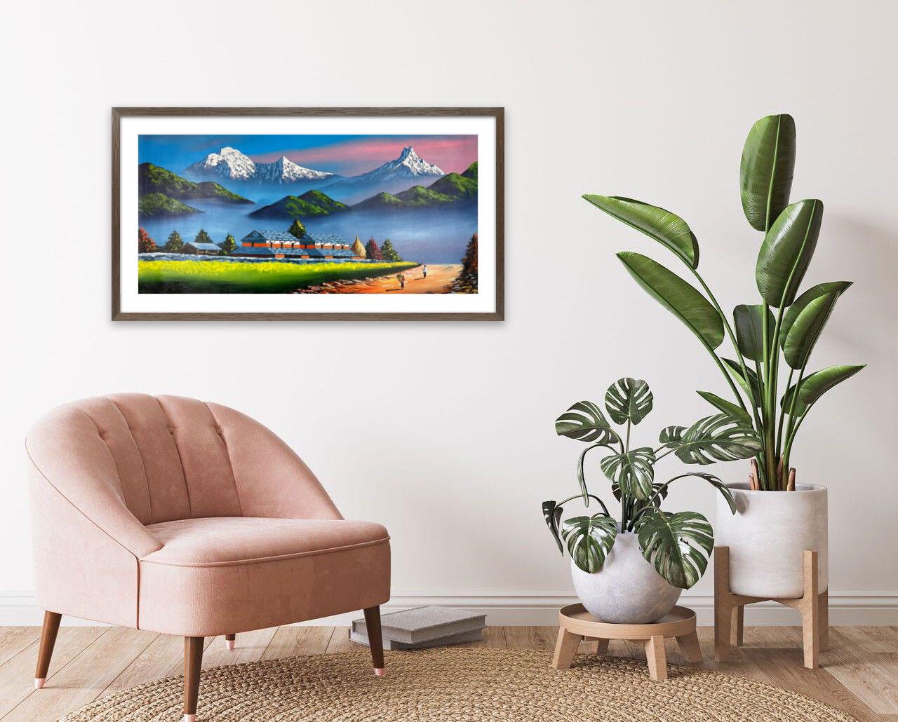 Himalayan Countryside – Acrylic Canvas Painting of Machhapuchhre & Village Path