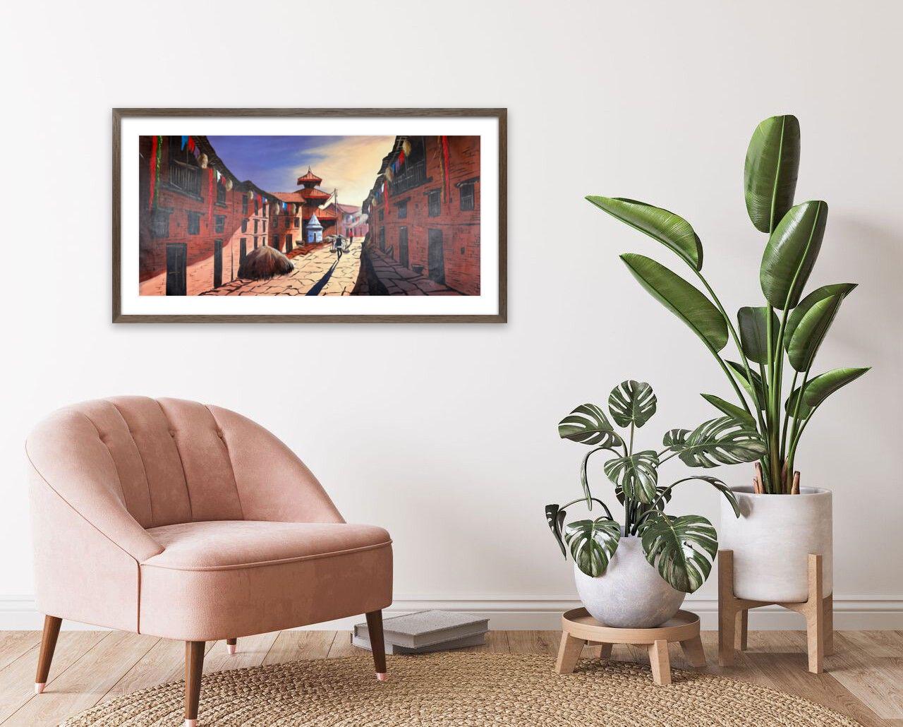 Kathmandu Heritage Street – Acrylic Canvas Painting of Newar Architecture & Pagoda Temple