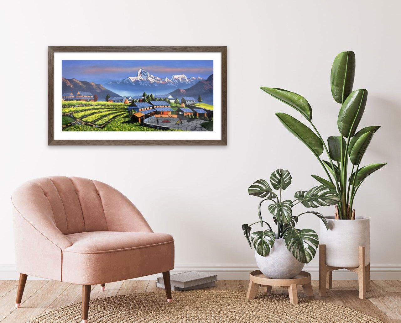 Himalayan Village Landscape – Acrylic Canvas Painting of Machhapuchhre & Terraced Fields