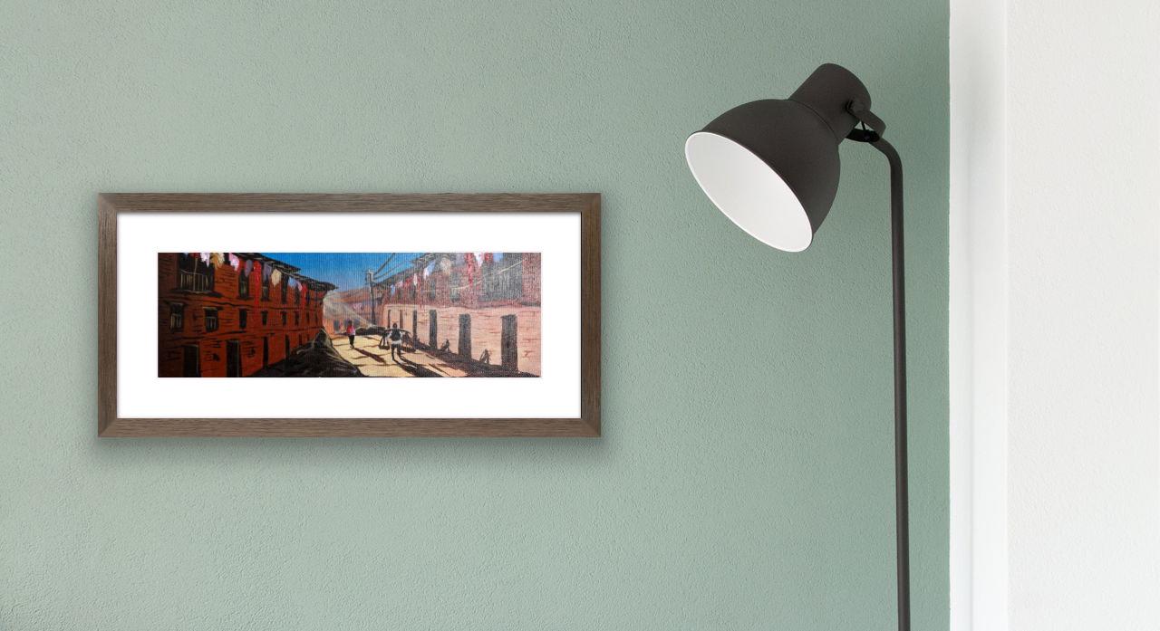 Kathmandu Alley Scene – Acrylic Canvas Painting of Newar Brick Houses & Daily Life