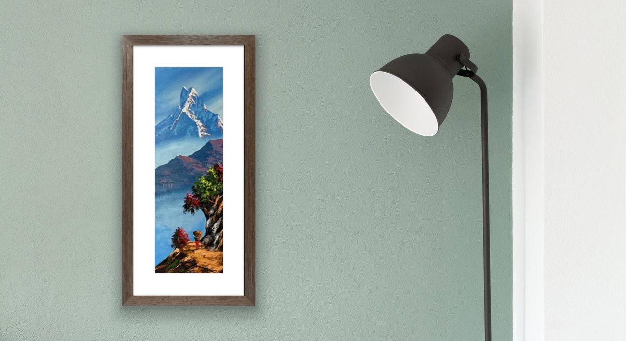 Vertical Himalayan Path – Acrylic Canvas Painting of Machhapuchhre & Lone Villager