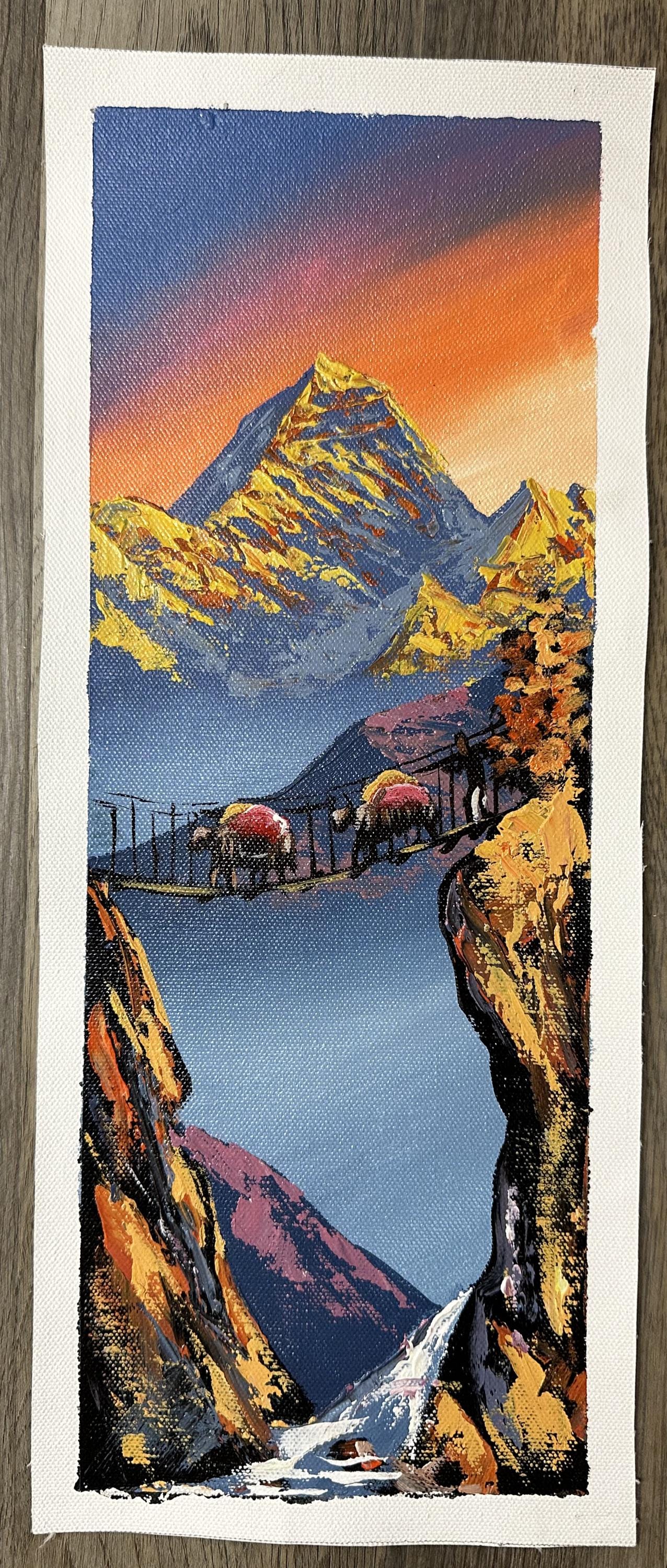 Golden Sunrise over Suspension Bridge – Himalayan Yak Caravan Painting