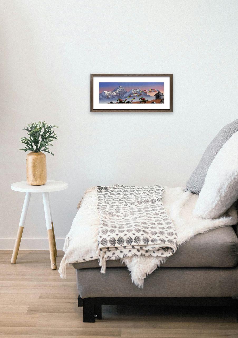 Yak Caravan with Prayer Flags – Himalayan Mountain Sunset Painting