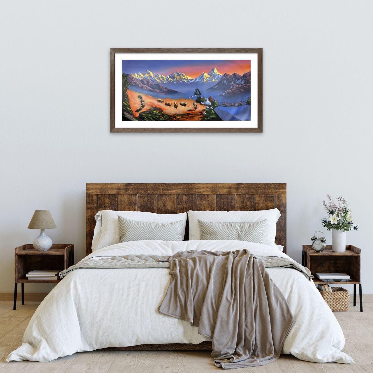 Himalayan Sunset Panorama – Ama Dablam & Yaks, Original Acrylic on Canvas