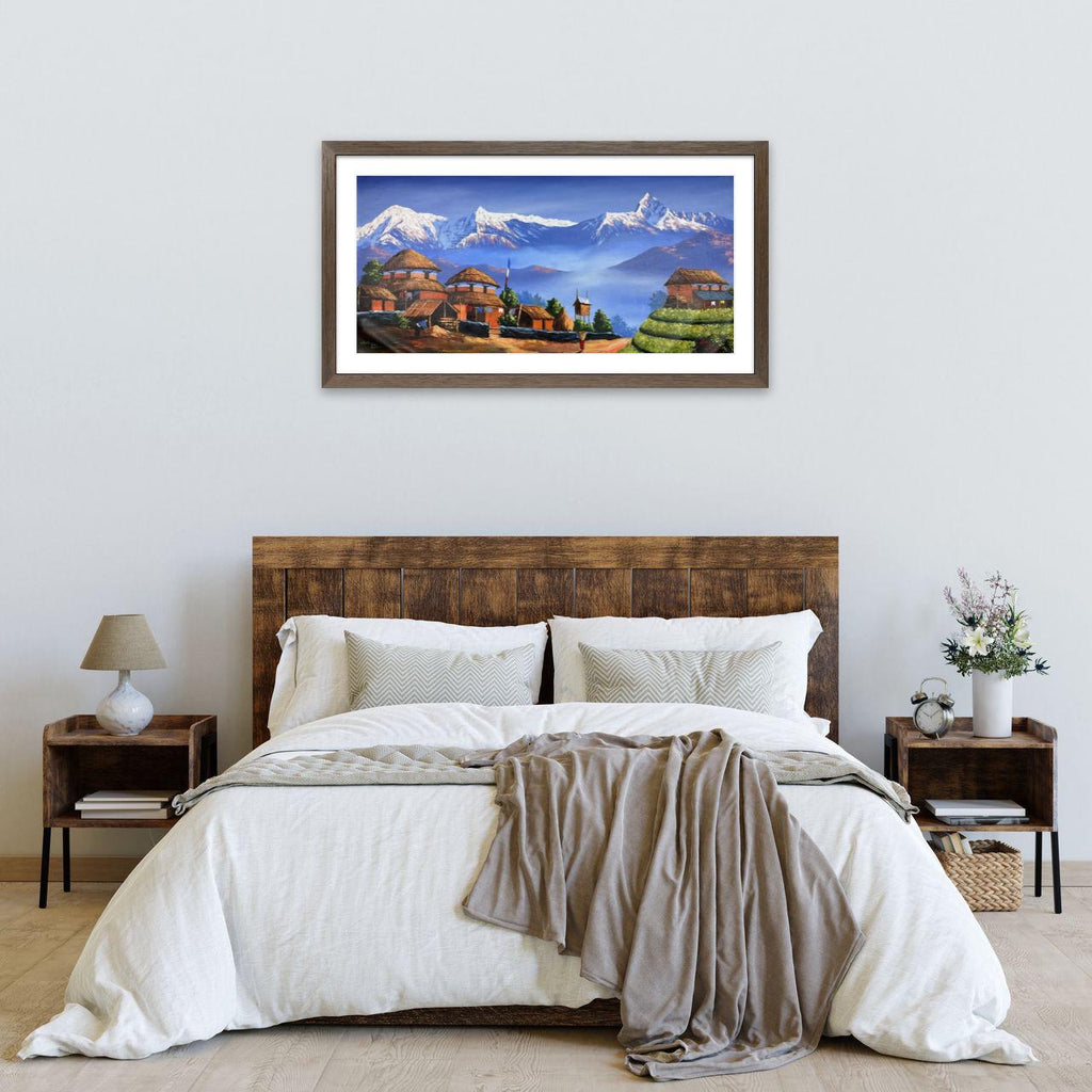 Himalayan Village Life – Acrylic Canvas Painting of Machhapuchhre & Annapurna with Traditional Homes