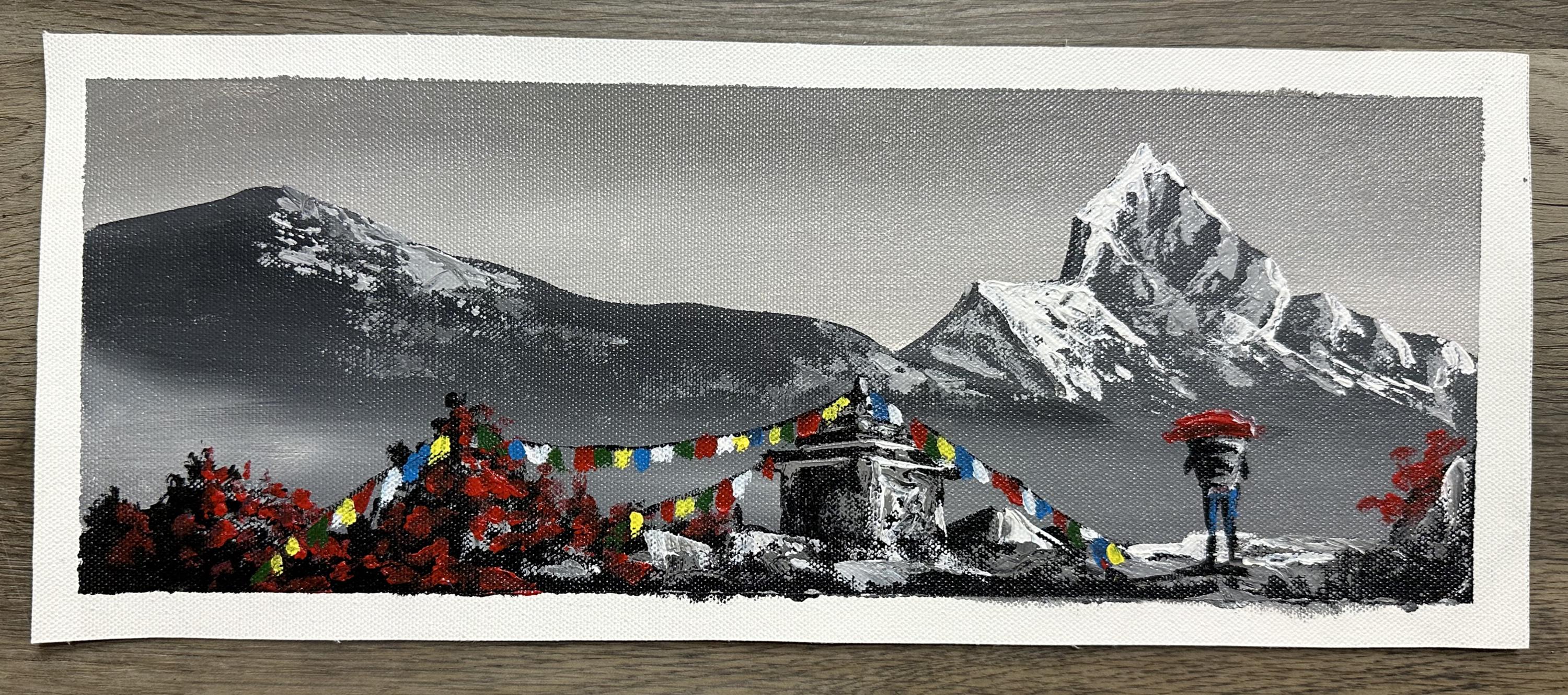 Monochrome Machhapuchhre – Stupa and Prayer Flags Painting